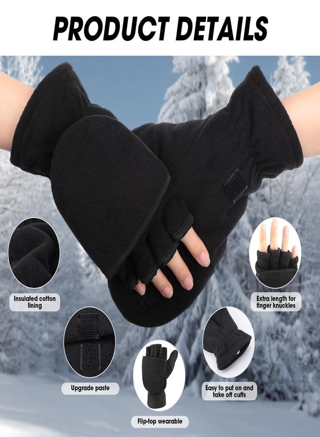 Cuffbow 2 Pairs Winter Fingerless Gloves Convertible Mittens Flip Top Insulation Thermal Warm Fleece Gloves Mittens for Men Women Outdoor Sports Running Painting - Image 3